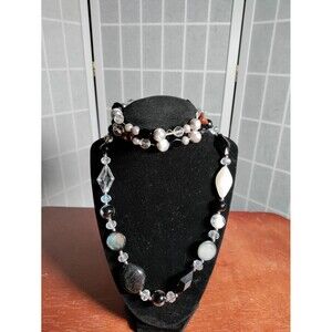 Black Clear Silver Acrylic Necklace w matching Bracelet, Gently Used